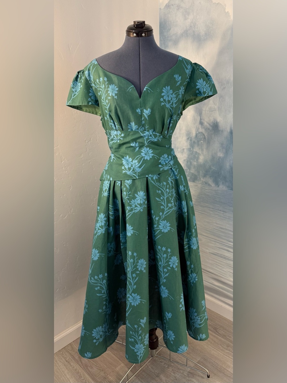 Green Floral Midi Dress with Sweetheart Neckline # 362
